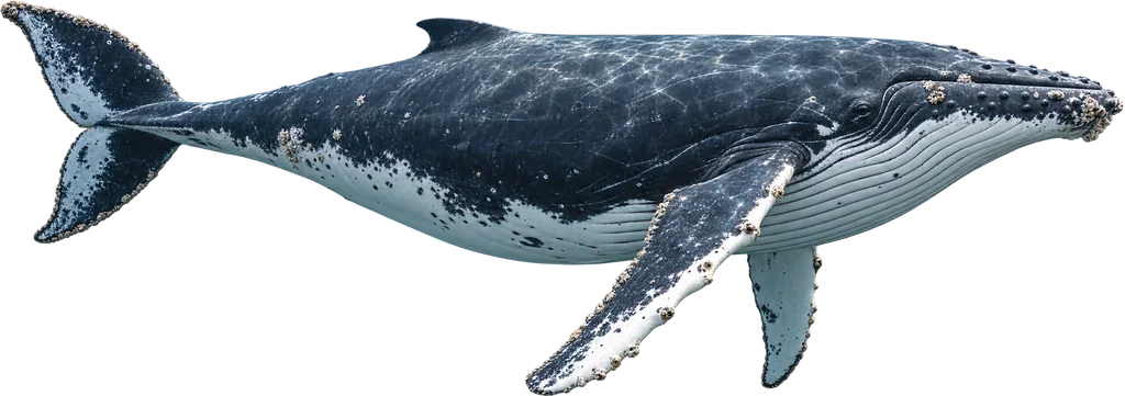 A blue humpback whale with white flippers swimming near the surface.