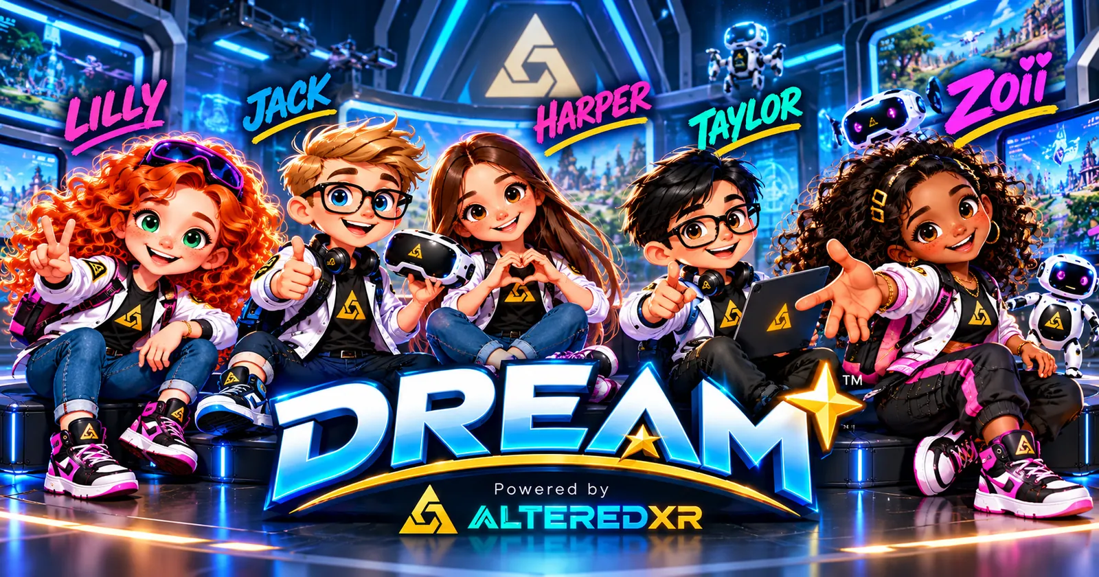 Lilly, Jack, Harper, Taylor and Zoii, the DREAM Team, sit around the glowing DREAM logo, Powered by AlteredXR, holding XR headsets and laptops.