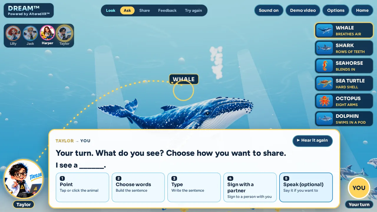 Game screen: Taylor asks “Your turn. What do you see?” with five ways to share: Point, Choose words, Type, Sign with a partner, Speak (optional).