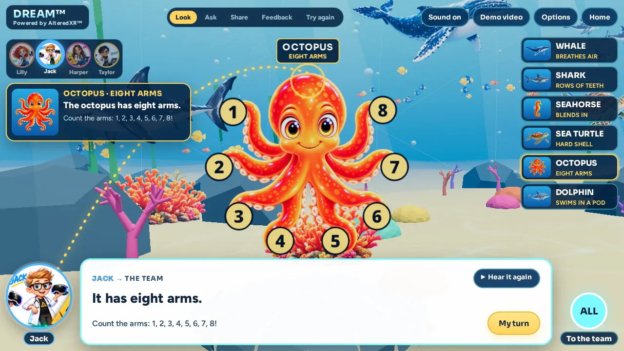 Game screen: Jack explains that the octopus has eight arms, each arm numbered one to eight.